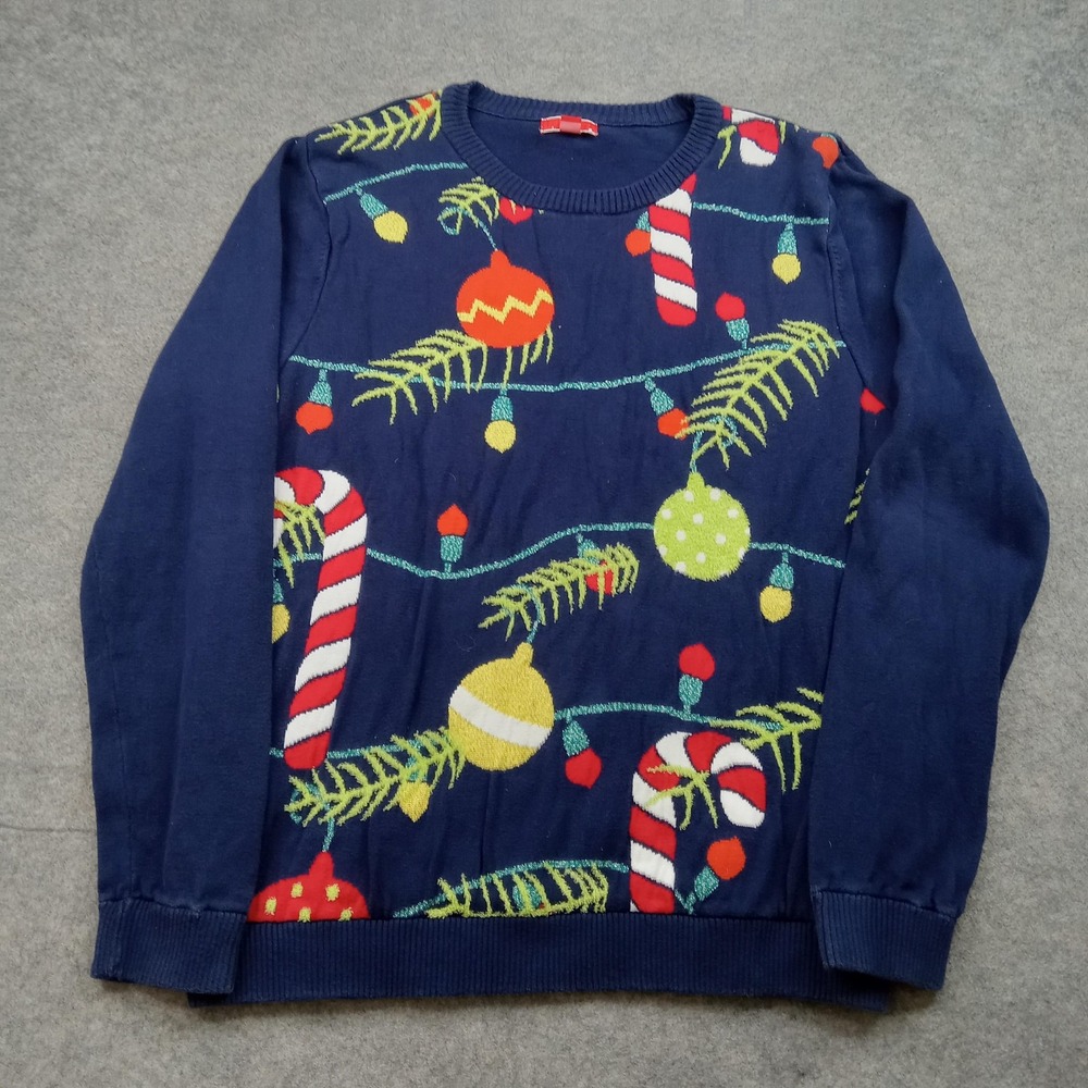 Christmas Sweater Mens‎ Large Blue Candy Cane Ornament Ugly Holiday Pullover